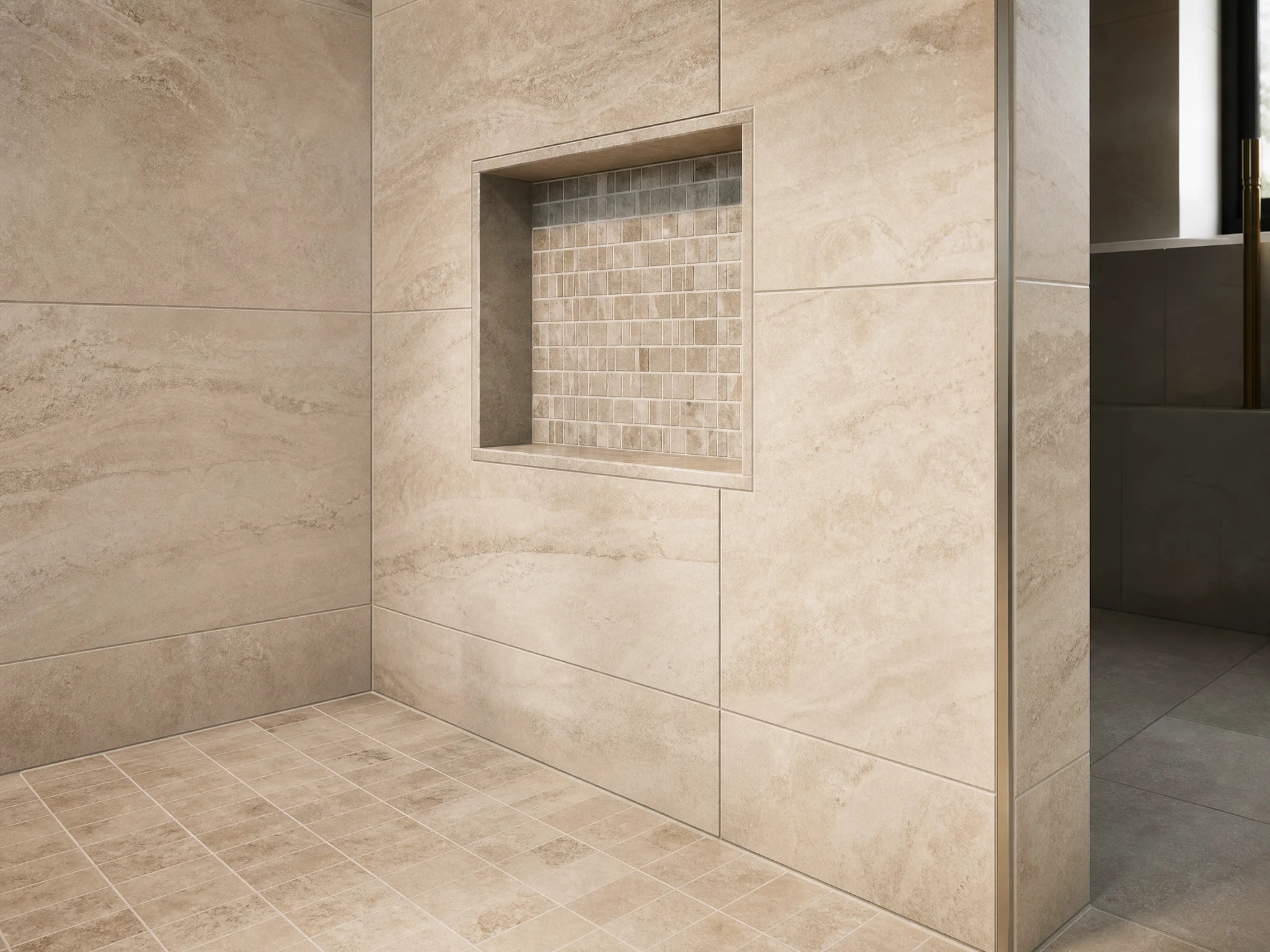 Precise porcelain tile layout with clean grout lines in a modern shower