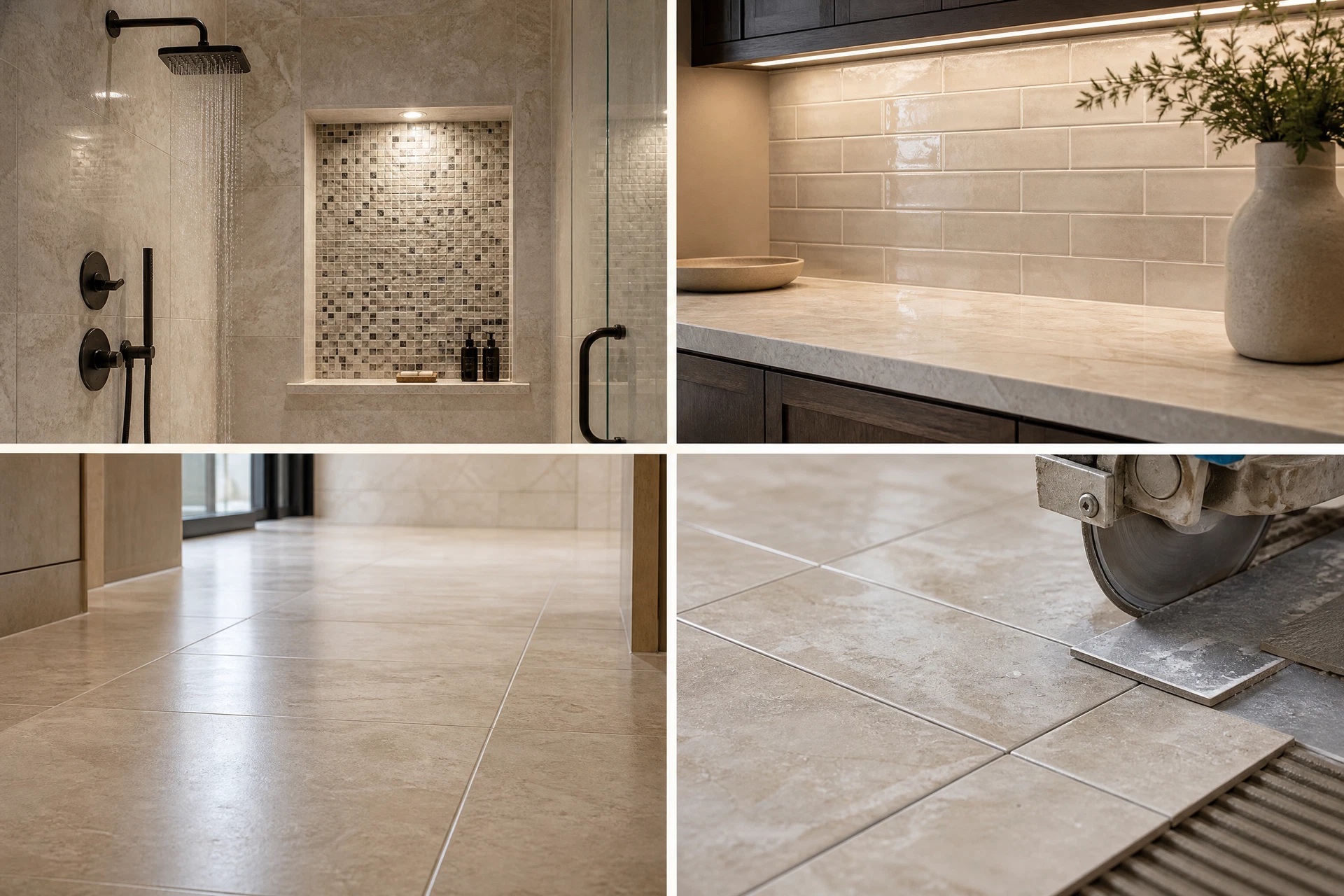 Portfolio collage of shower, backsplash, porcelain floor, and tile finishing work